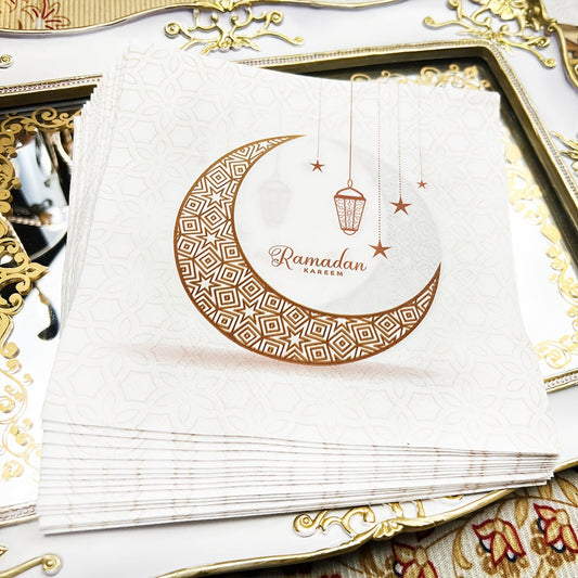 20 pieces of disposable paper towels featuring Ramadan decorations such as moons and lanterns. Perfect for use at restaurants, parties, or family banquets. Each towel measures 33.02*33.02cm.