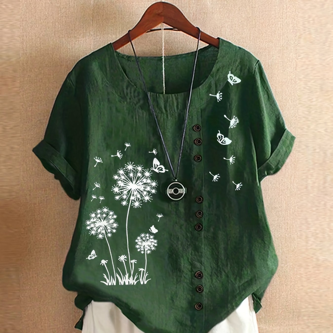 Plus Size Dandelion Print Tee, Women's Casual Round Neck Shirt