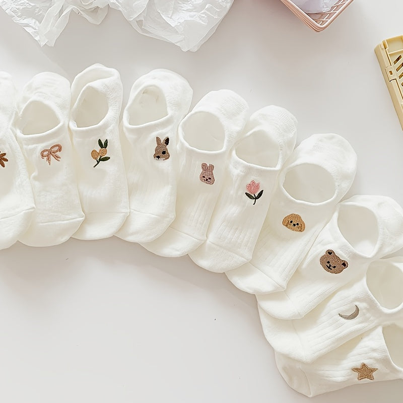 Soft and lightweight ankle socks with white stripes for kids, made of breathable polyester blend with cute animal and floral designs. Available in packs of 5, 6, or 10. Machine washable.