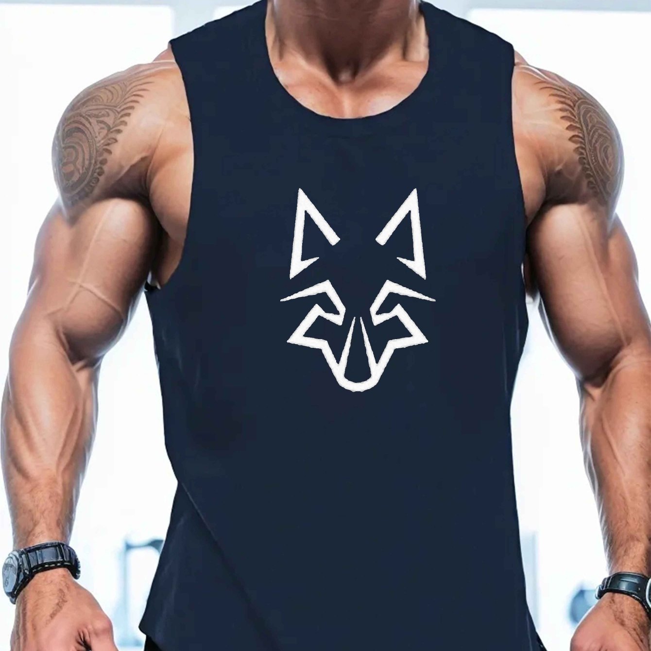 Large Men's Vest with Geometric Wolf Head Design