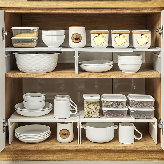 The most popular choice: Expandable Kitchen Storage Rack with Adjustable Shelf Dividers for Seasoning and Cookware Organization. Made of durable plastic, this Countertop Cabinet Organizer requires no assembly and features layered shelves and a convenient