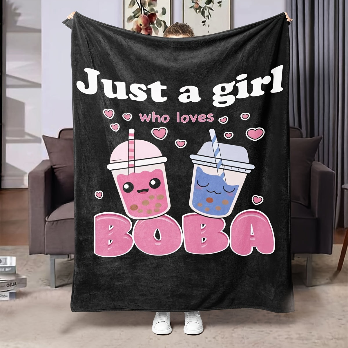 One piece of anime blankets featuring plush boba milk tea fleece, perfect for girls who adore boba. This blanket is filled with comfort, made of super soft and lightweight flannel, suitable for beds and chairs. A cute gift idea!