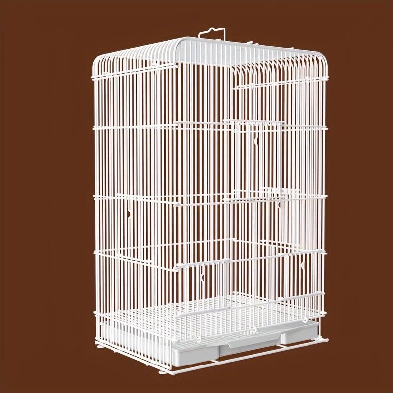 Large metal bird cage for parrots, budgies, and canaries. Spacious villa style with perches and accessories. Durable construction for indoor birds.