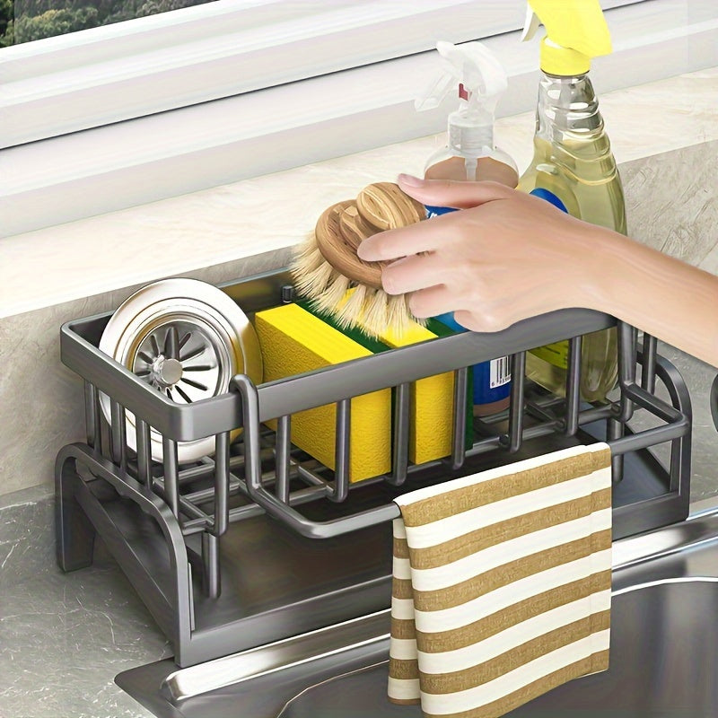 Space-Saving Metal Kitchen Sink Organizer: This durable dish rack includes a drainage basket for efficient cleaning tool storage. It features a cloth holder and cup organizer. Please note that the plastic used is not food-safe. Perfect for drying dishes