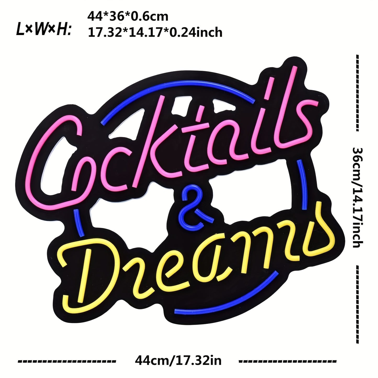 1pc NEON FINE NF "Cocktails & Dreams" LED Neon Sign - Vibrant Blue, USB Powered Wall Art for Bars, Hotels, Pubs, Bedrooms, Cafes - Ideal for Wedding, Birthday Party Decor, 44*36cm, Pub Art Piece. Vibrant Wall Art with USB Powered Sign.