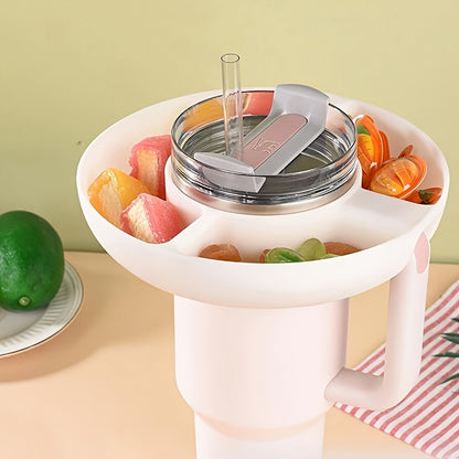 Plastic snack tray cup accessory with 3 dividers, easy to assemble, suitable for flat-mouth cups.