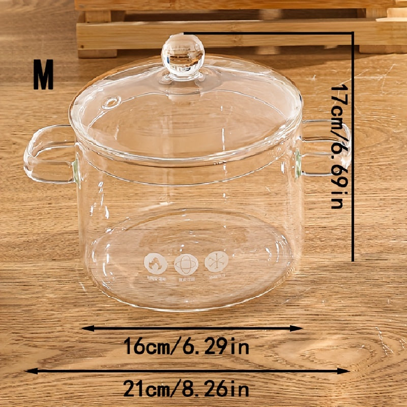 1-piece high borosilicate glass soup pot, featuring a thickened design with a lid. This small hot pot in amber color has double ears and is suitable for households. Can be used on a light fire electric pottery stove for heating and stewing.