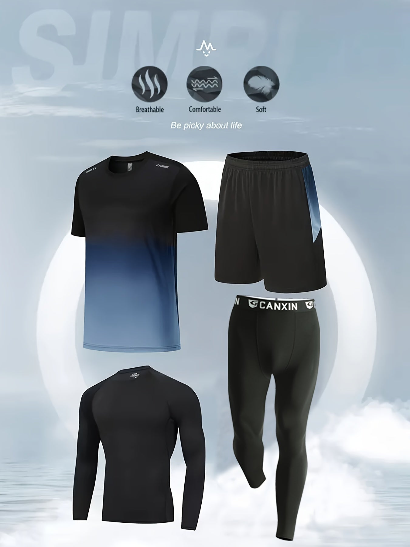 Men's Fitness Suit with loose short-sleeved shorts, quick-drying training, tight long-sleeved trousers for outdoor activities.