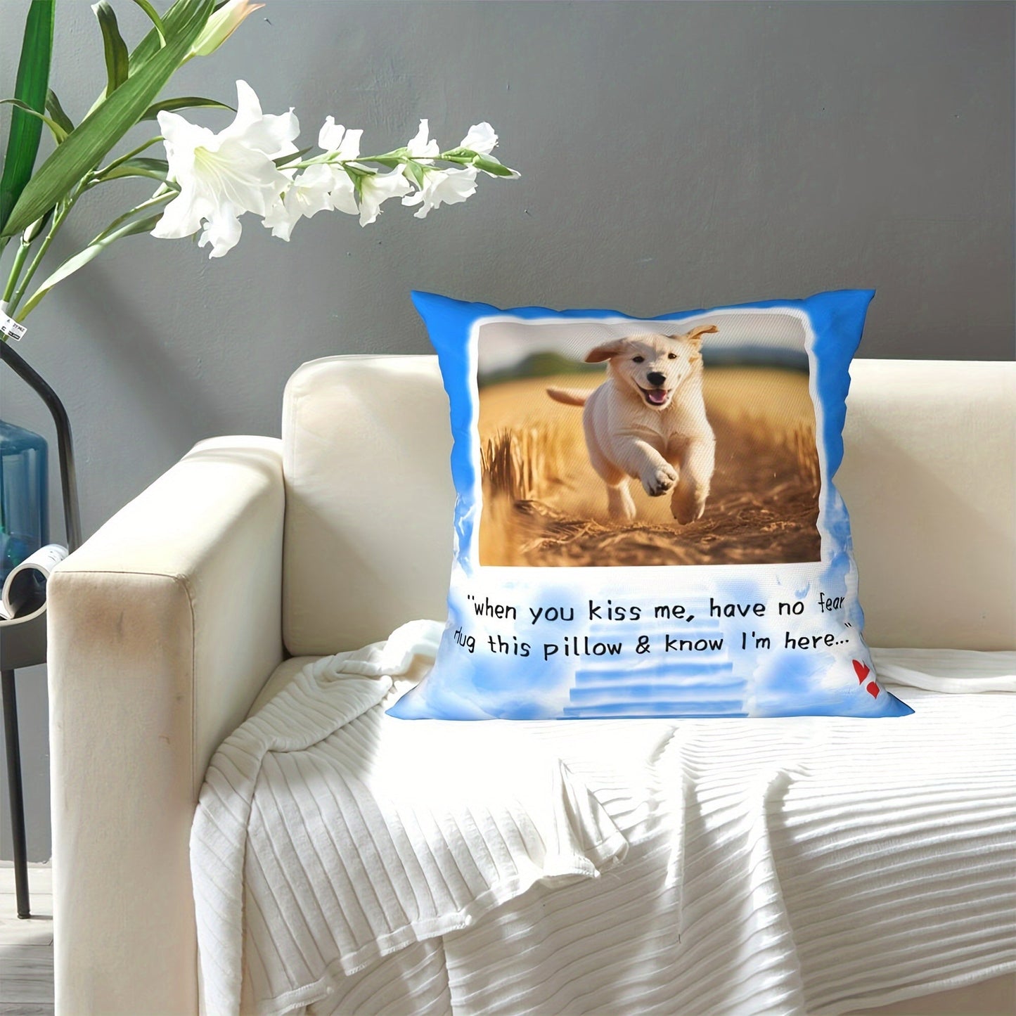 Customized 18×18 inch decorative pillow cover featuring the message "When You Kiss Me Don't Be Afraid, Embrace This Pillow And Know I'm Here." This square cushion case is the perfect addition to your home decor, measuring 45x45 cm.