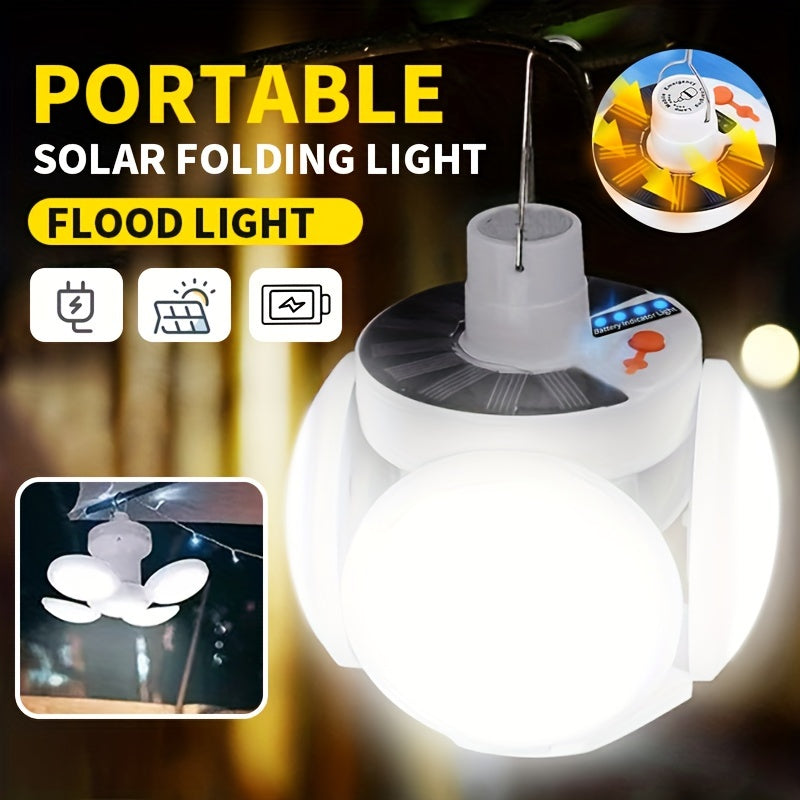 Portable solar-powered LED camping light with hook, rechargeable USB, 800mAh battery, foldable design for tents, home, office, car emergency lighting.