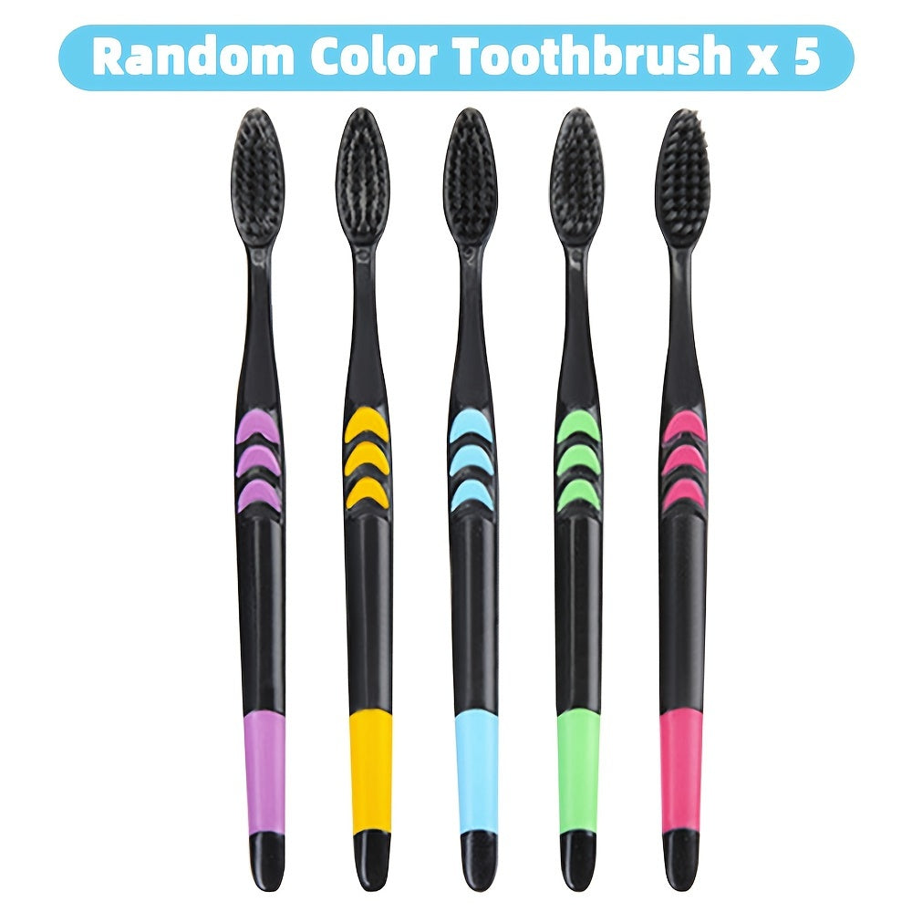 5/10 soft bristle toothbrushes with multicolor grip handles and black nylon bristles for adults, ideal for deep manual oral care.