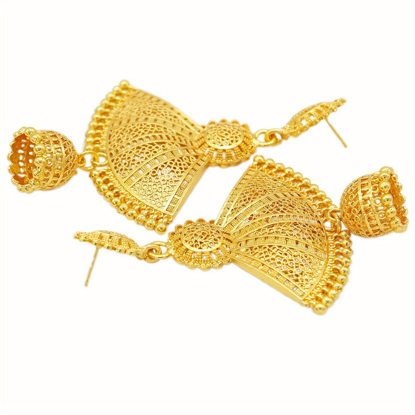 Golden alloy fan-shaped earrings designed for women, featuring a tribal, minimalist design without mosaic materials. Perfect for both casual daily wear and special occasions, these earrings are a versatile accessory that makes an ideal gift for birthdays