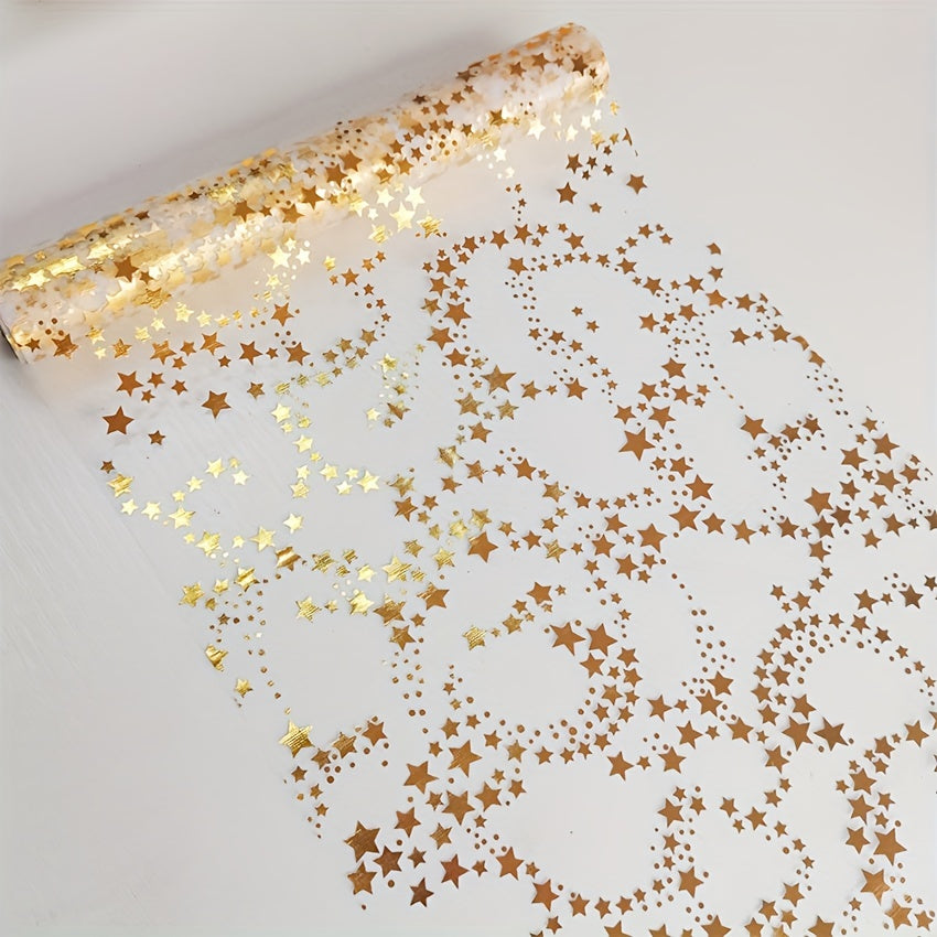 Linen table runner with golden metal organza stars; perfect for Christmas and special occasions. Ideal for room decor or weddings.