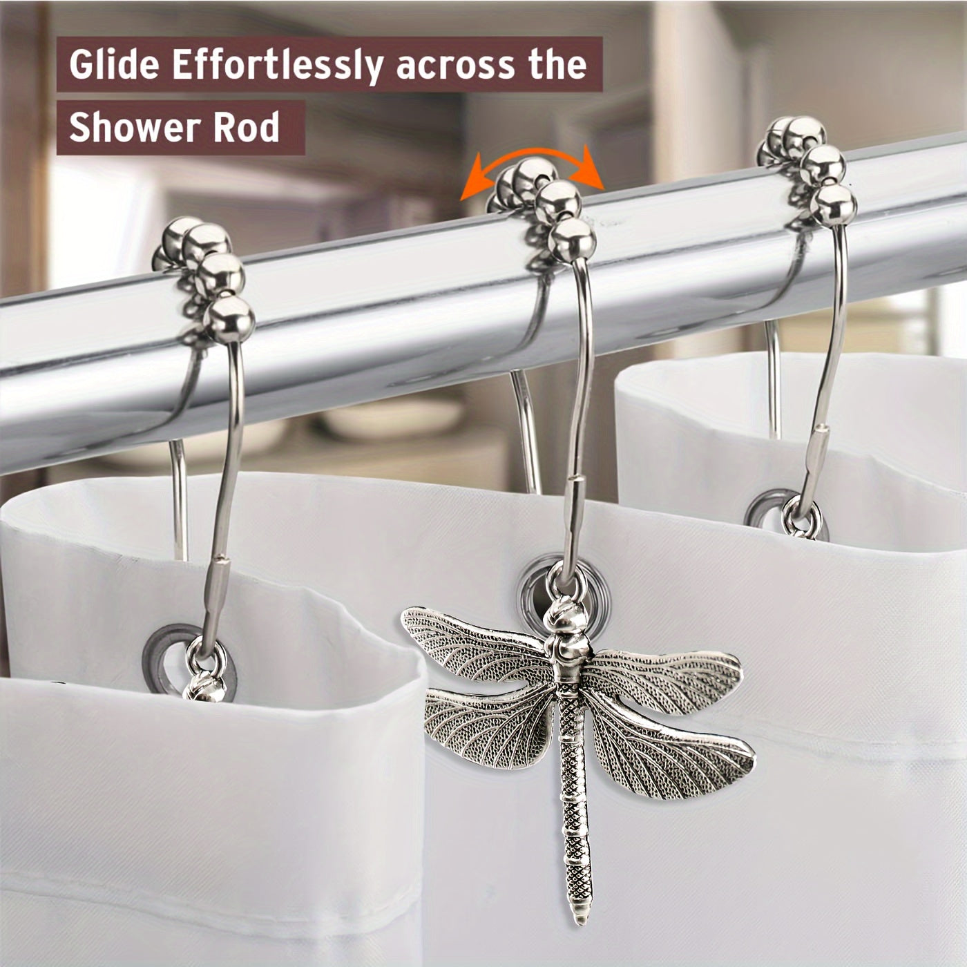 Dragonfly-themed shower curtain hooks, set of 12, made of rustproof metal with pearl accents. Waterproof, durable, and perfect for a nature-inspired bathroom decor. Coordinates with Dragonfly Shower Curtain.