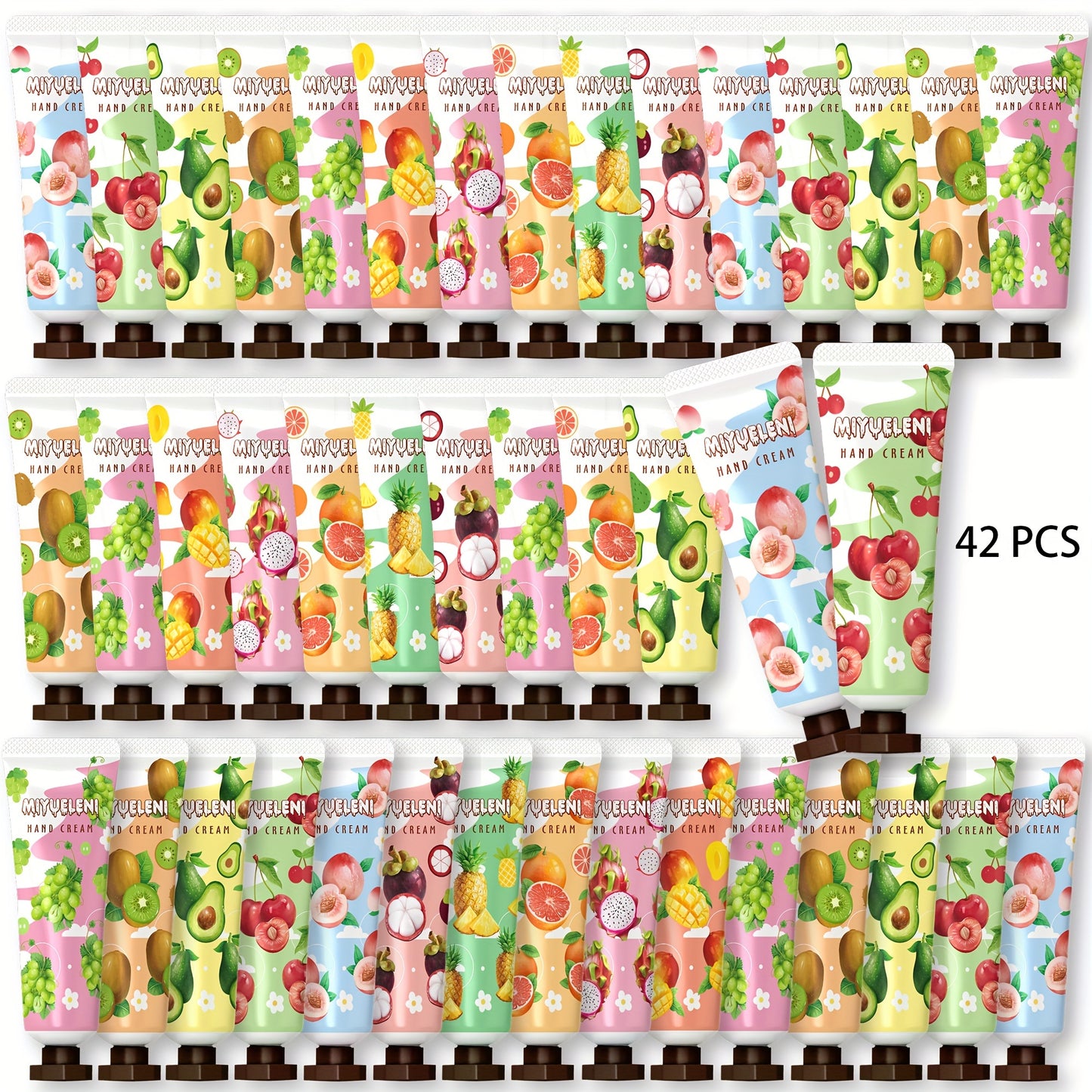 42pcs Plant Fruits Hand Cream Gift Set deeply moisturizes and nourishes dry, cracked hands. Travel size for daily care in fall and winter, non-greasy.