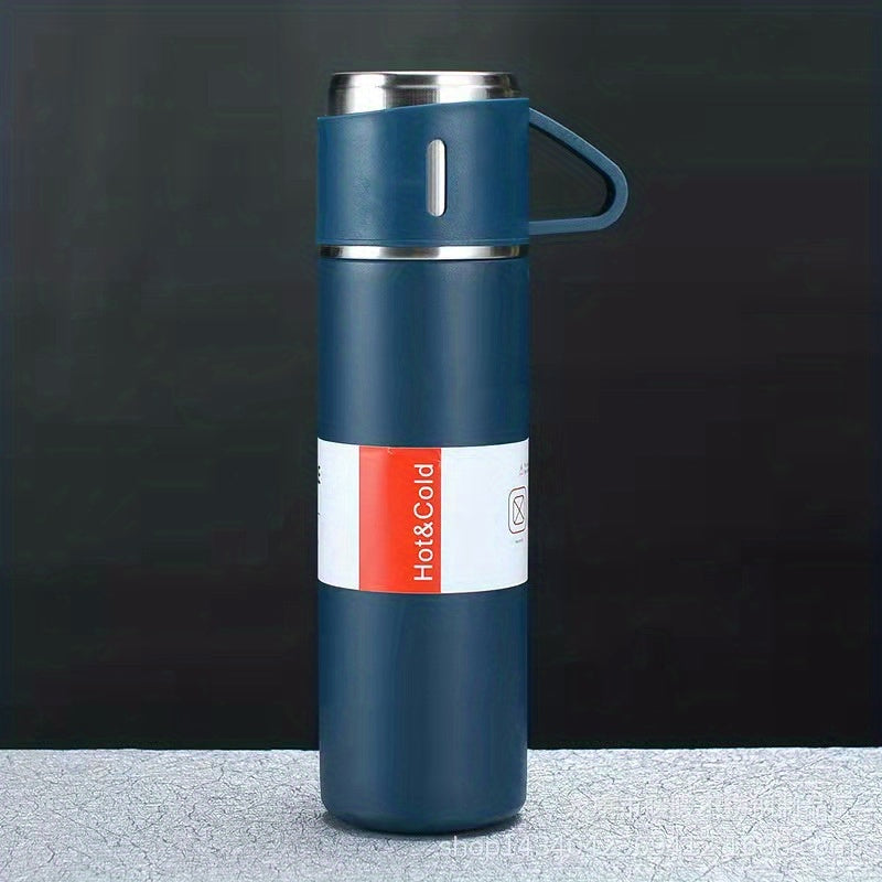 Business thermal mug with stainless steel thermo material, 500ml capacity, vacuum insulated bottle with cup for hot and cold drinks.