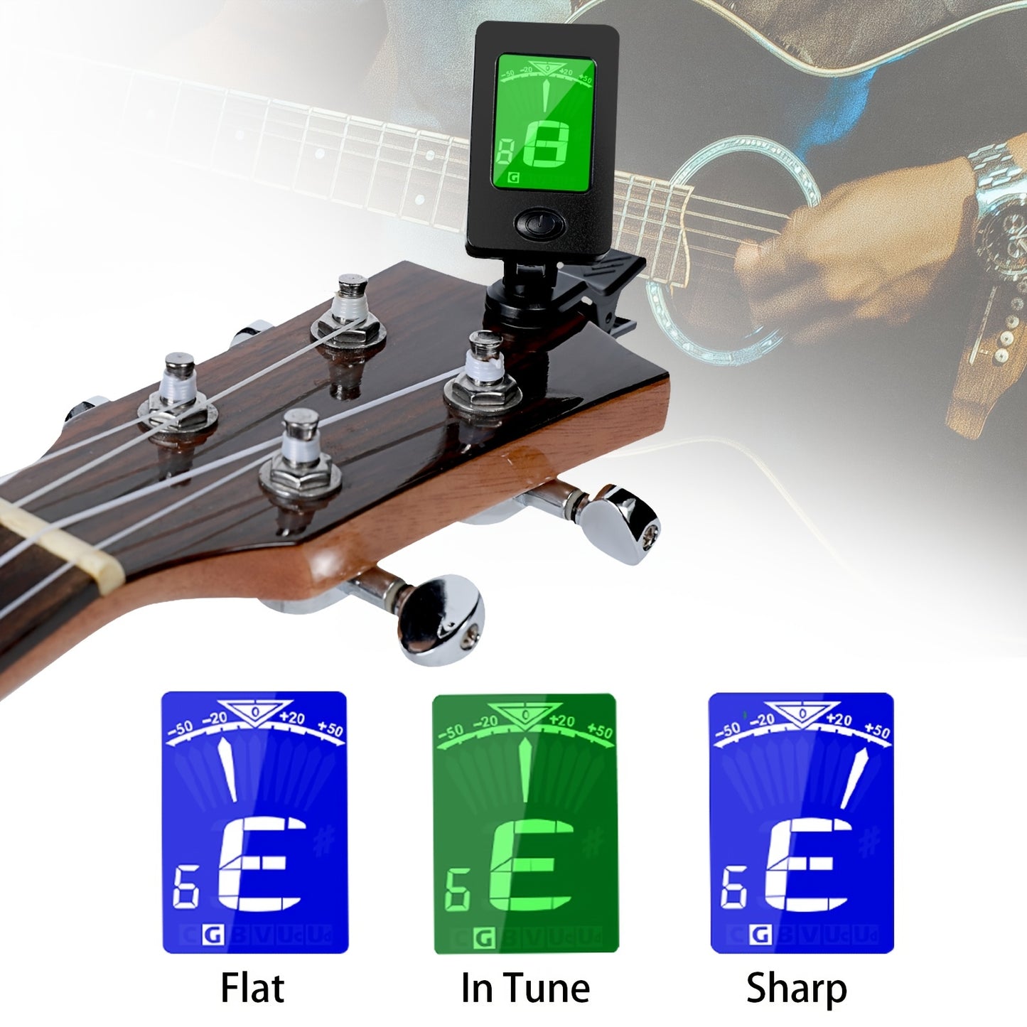 Guitar tuner with picks, capo, quick-release clip-on tuner for guitar, violin, bass, ukulele.