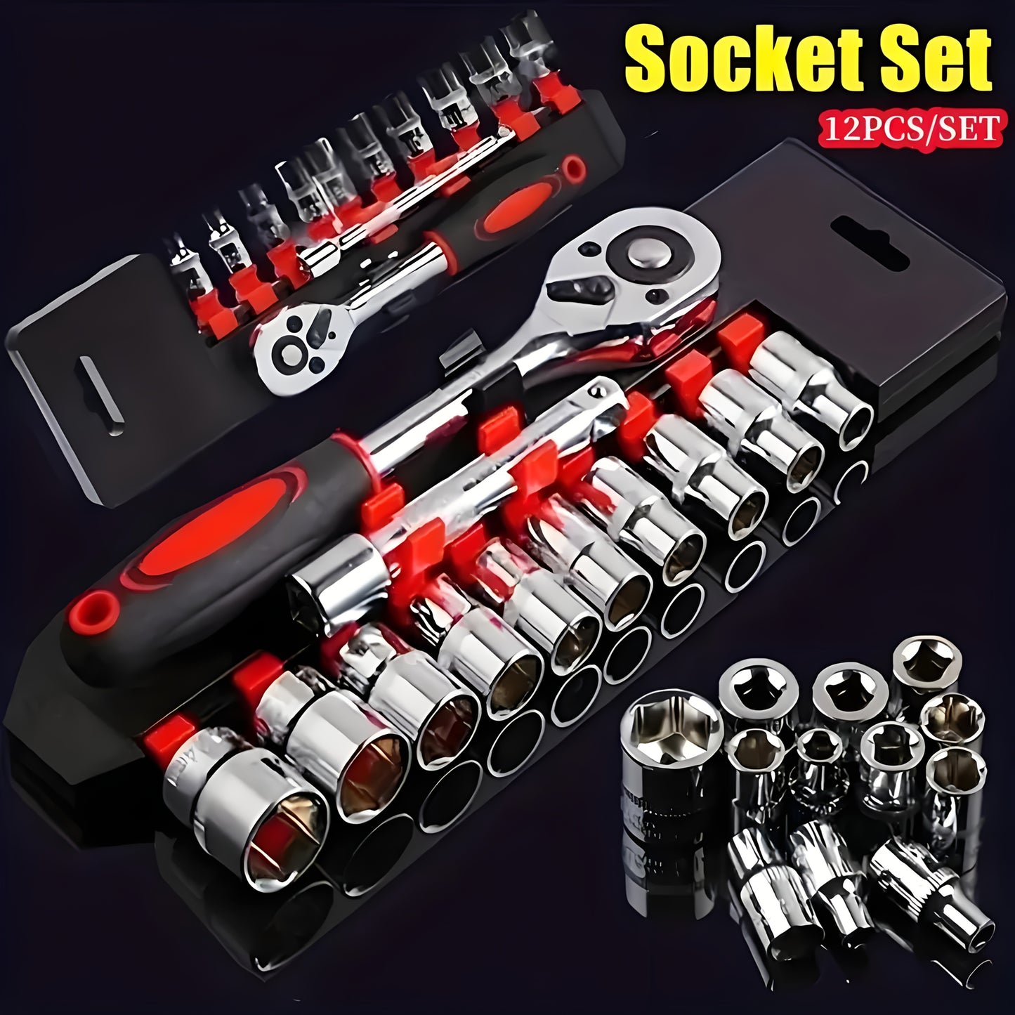 12-piece Ratchet Wrench Set, Chrome Plated Steel, 1/4 and 1/2 Inch Sizes, Two-way Wheel Wrench Auto Repair Tool