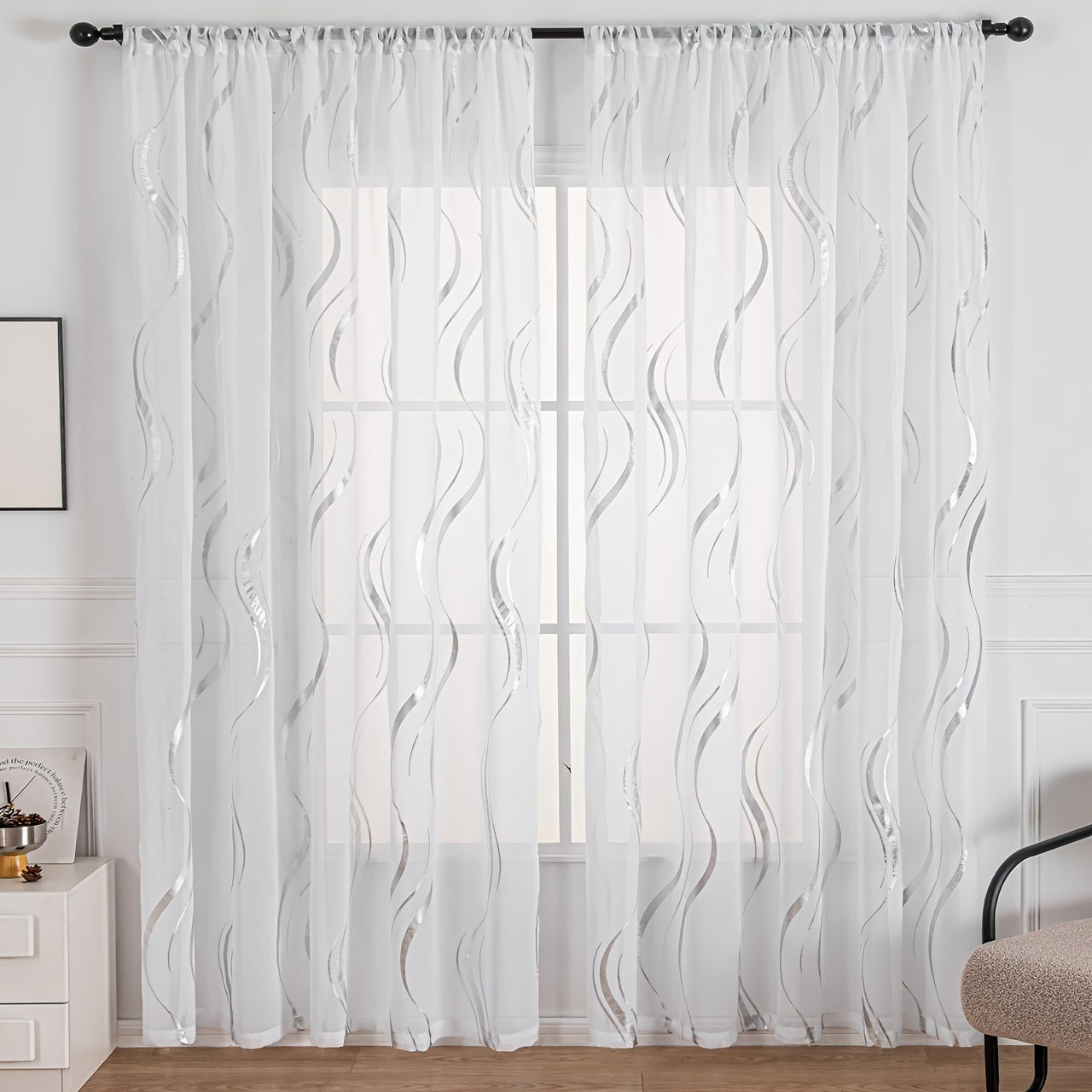 Black and white water ripple patterned curtain with silvery hot stamping for window screen, 1 piece.