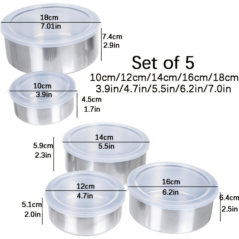 5 stainless steel storage containers with clear lids for home and kitchen organization.