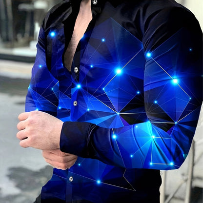 Men's Blue Starry Night Geometric Long Sleeve Shirt - Casual Polyester Blend, Button-Up with Chest Pocket, Machine Washable