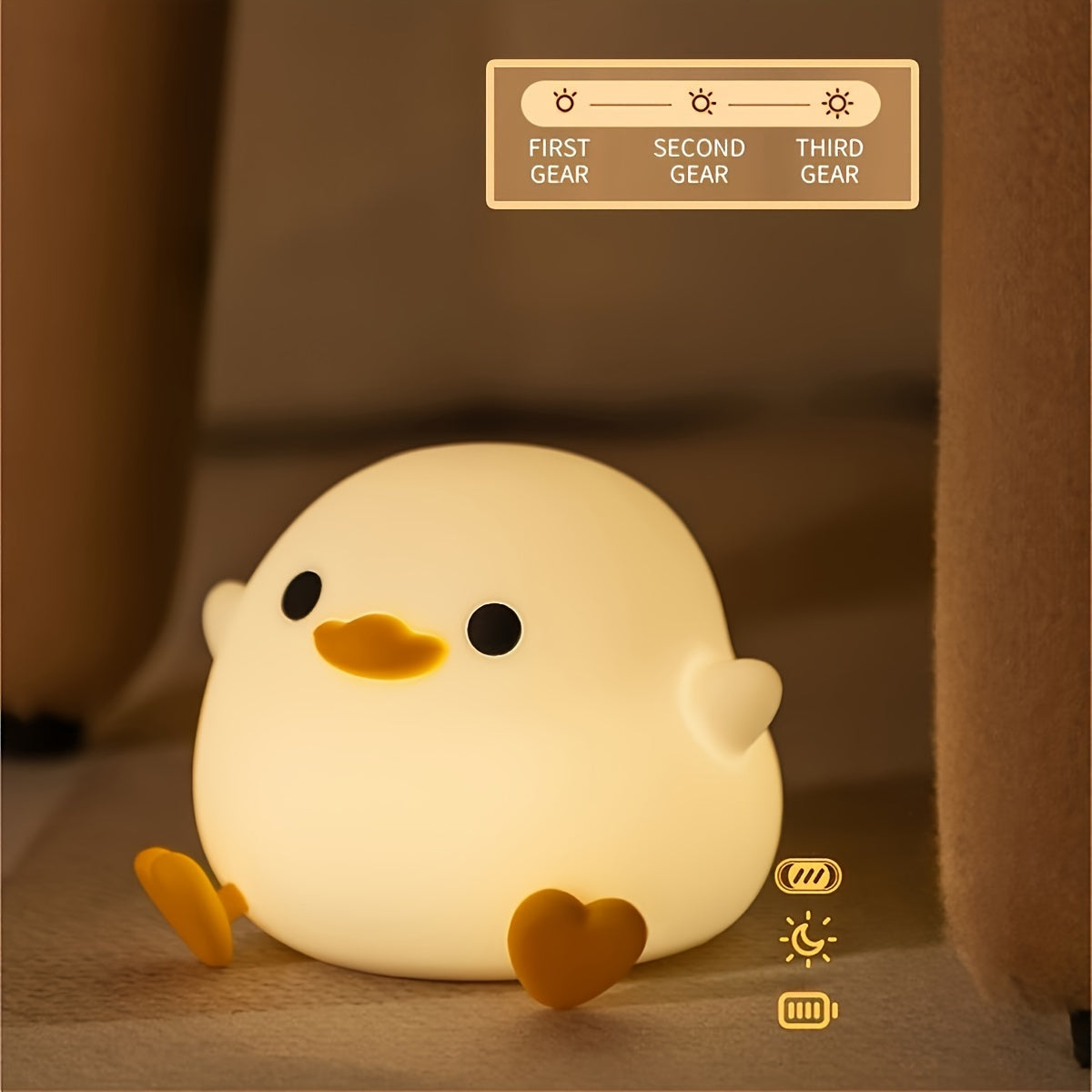 Duck-shaped silicone night light and pat lamp: Soft, eye-safe USB rechargeable bedside light for cozy room decor.