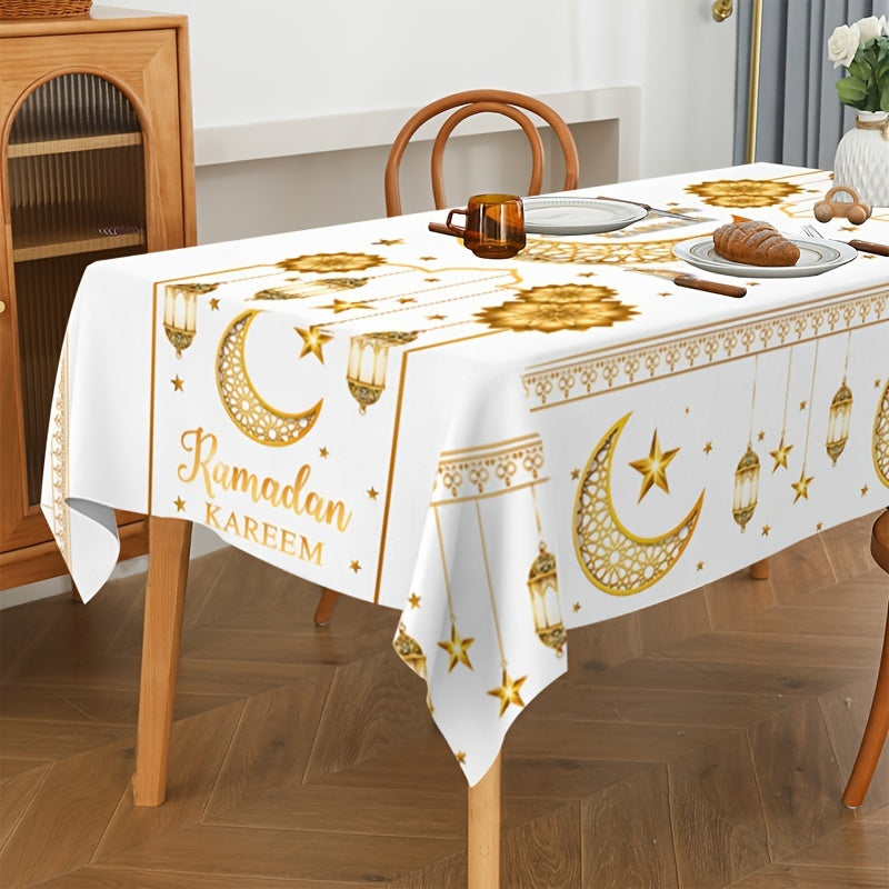 1pc Ramadan Kareem Tablecloth made of polyester, featuring Islamic moon and stars design, perfect for Eid Al-Fitr celebrations and home decor.