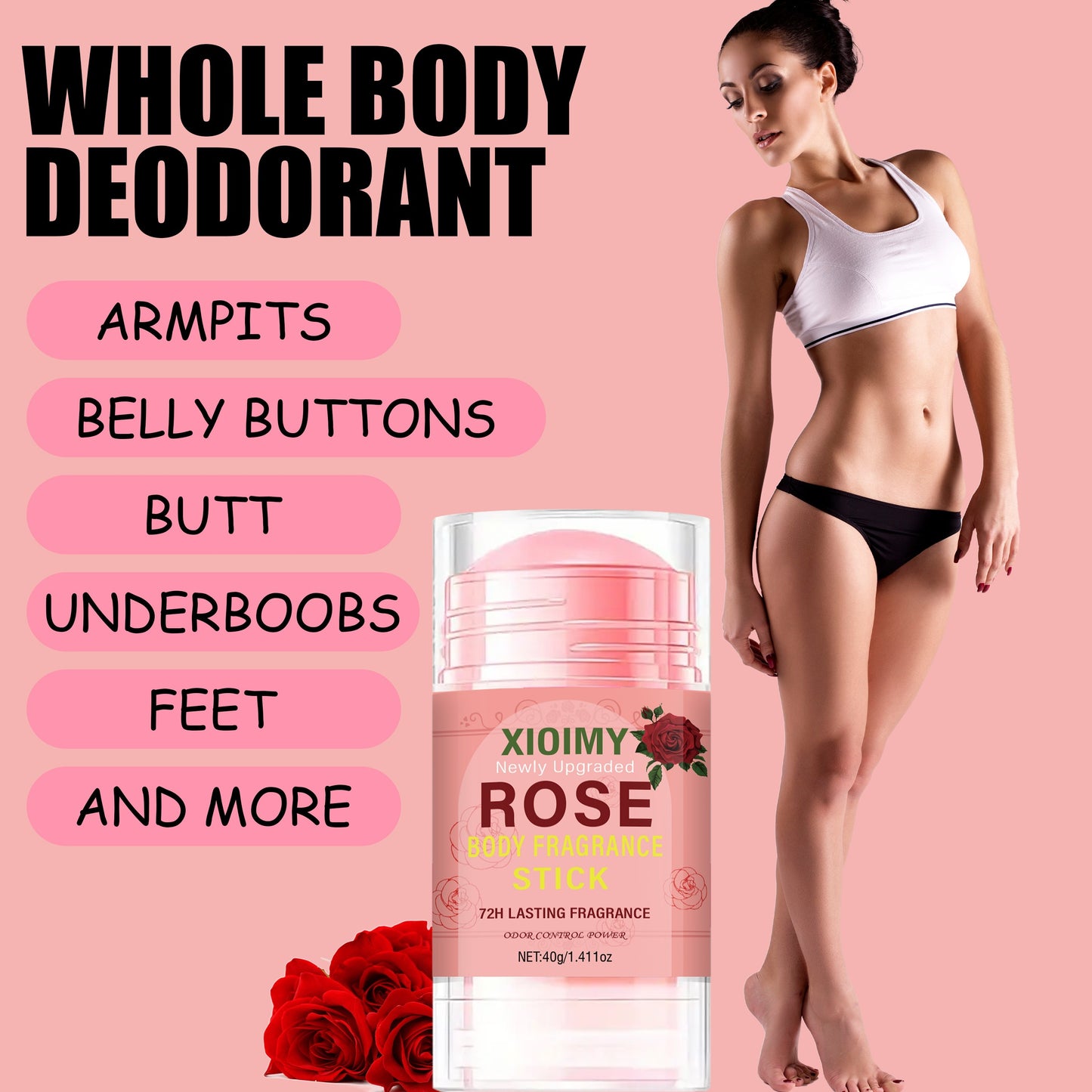 Xioimy Rose Body Fragrance Stick - Unisex deodorant, 1.411oz, 72-hour freshness, long-lasting rose scent, ideal for body, counteracts stubborn body odor & sweat.