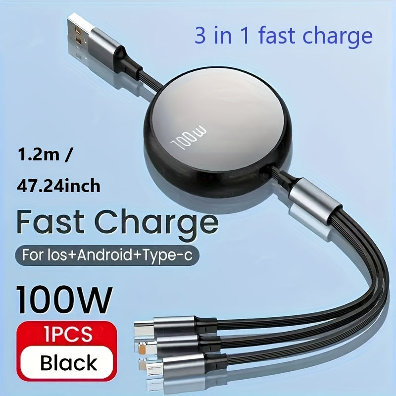 Retractable USB charging cable with 6A 100W fast charging for iPhone, Huawei, Samsung, etc. Data sync speed of 480Mbps and USB power supply under 36V.