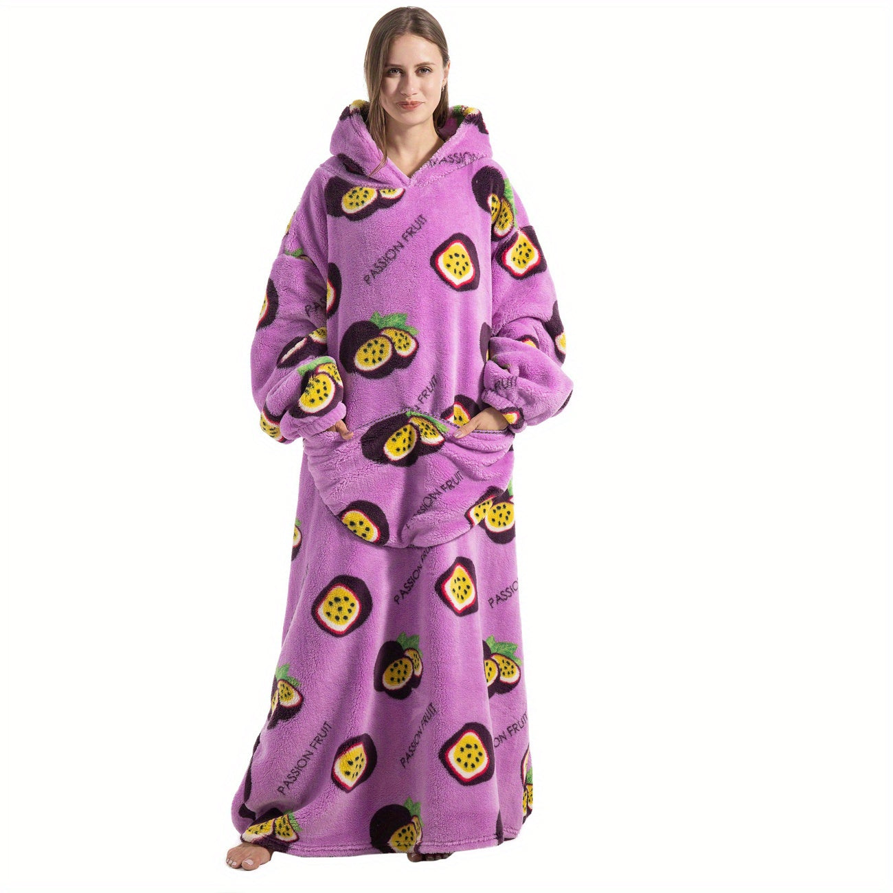 Stay warm and stylish in our oversized hoodie wearable blanket featuring a fun pepperoni pizza print. Made from super soft, warm polyester, this adult robe comes with a large front pocket for your convenience. Perfect for both men and women, this