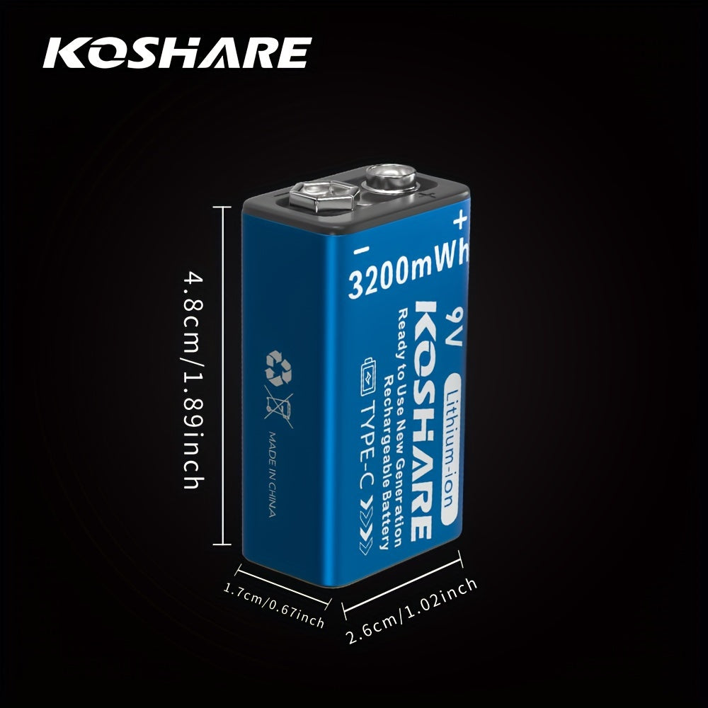 KOSHARE 9V 3200mWh Rechargeable Lithium Battery with Type-C Charging and Data Cable for Various Devices and Events