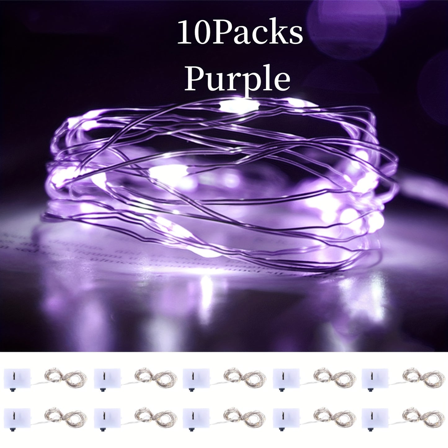 Battery operated LED string lights in a 10-pack, available in lengths of 99.06cm, 198.12cm, and 299.72cm with 10, 20, or 30 LEDs. Perfect for indoor decoration such as BOBO balloons, parties, weddings, and Christmas, these lights create a warm and