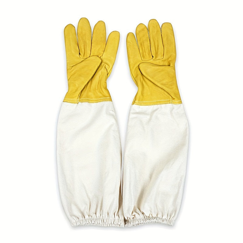 Beekeeping gloves with durable goatskin faux leather, ventilated long sleeves, elastic cuffs, and yellow palm protection