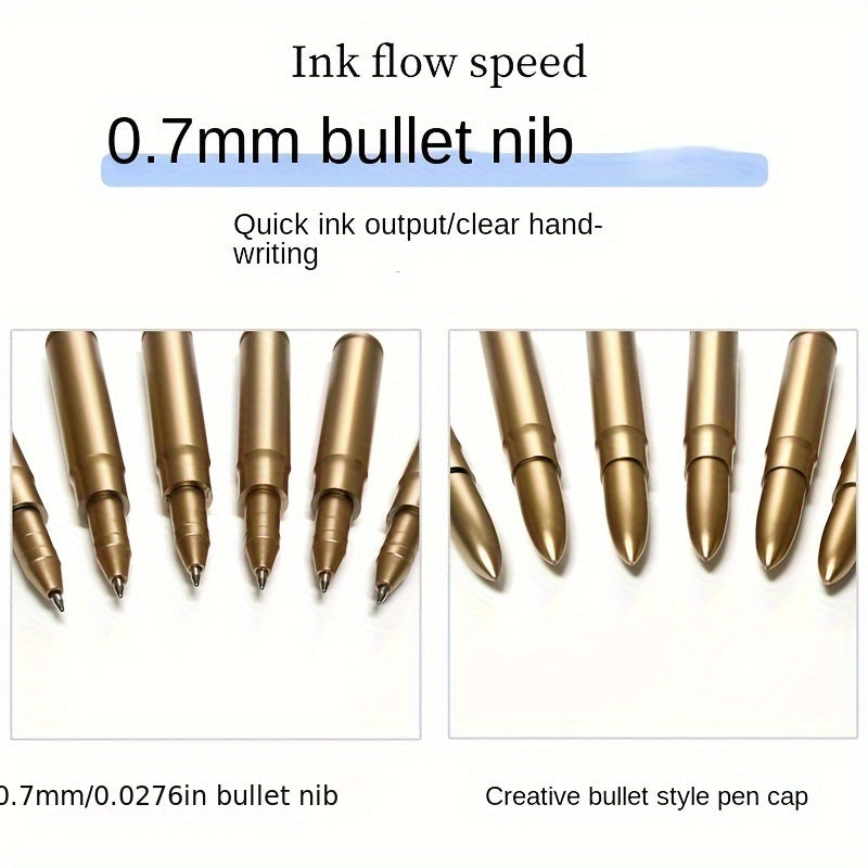 Six Golden Bullet Shaped Ballpoint Pens with Click-Off Cap - Blue Ink, Medium Point