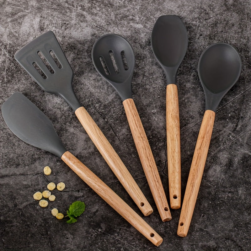 Set of 5 Silicone Kitchen Utensils with Wooden Handles, Non-Stick Cookware, Food-Safe, Easy to Clean Modern Cooking Tools, Must-Have Kitchen Accessories