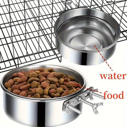 Stainless steel dog bowl for pets with hanging design and screw fixing for cages.