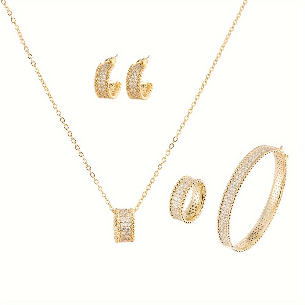 Indulgent Women's 14K Gold Plated Copper Jewelry Set featuring Synthetic Zirconia - Sophisticated Bracelet, Ring, Earrings, and Necklace Set for Parties and Vacations, Versatile Sexy Accessories for Every Season, Ideal for Mardi Gras Festivities