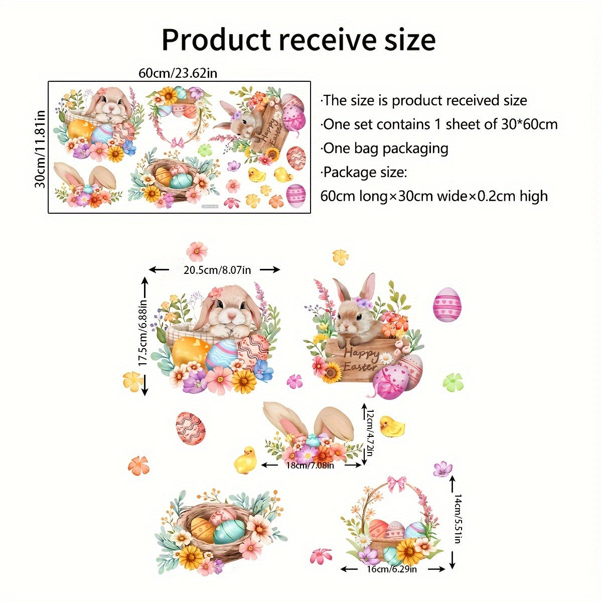 DJ8019-NH Easter Bunny and Eggs Window Clings feature a contemporary style design made of PVC static cling material. These decals are reusable and have a double-sided print. They are 5mil thick and come in an irregular shape, measuring 30x60cm. Perfect