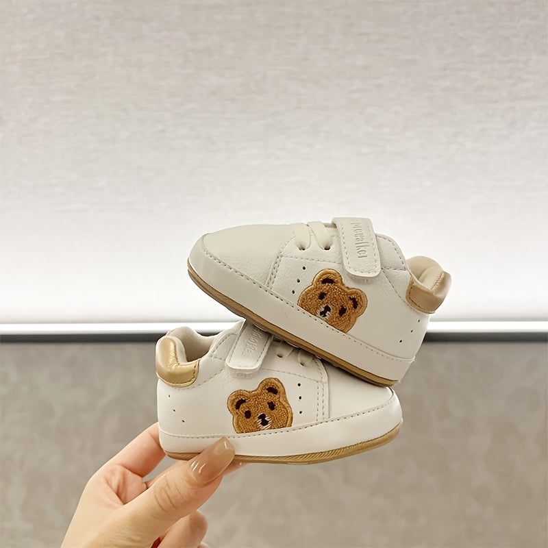 Cute bear sneakers for kids are non-slip and comfortable with easy hook-and-loop closure, ideal for all seasons.