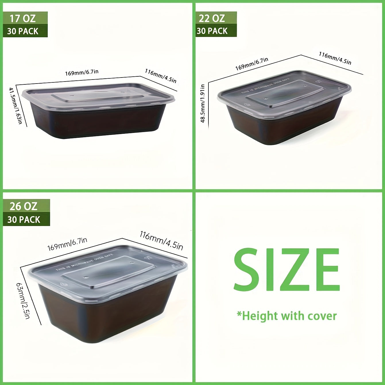 30 pieces of plastic black boxes with lids in 17, 22, and 26 ounce sizes. These rectangular food storage containers are BPA free and come with leakproof covers. They are stackable and microwave-safe, making them ideal for storing food. Perfect for use as