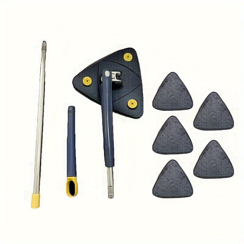 This durable plastic and metal triangle mop set is versatile and perfect for complete floor cleaning in kitchens, bathrooms, and living rooms. It is extendable, adjustable, and rotatable, making it ideal for all your cleaning needs.