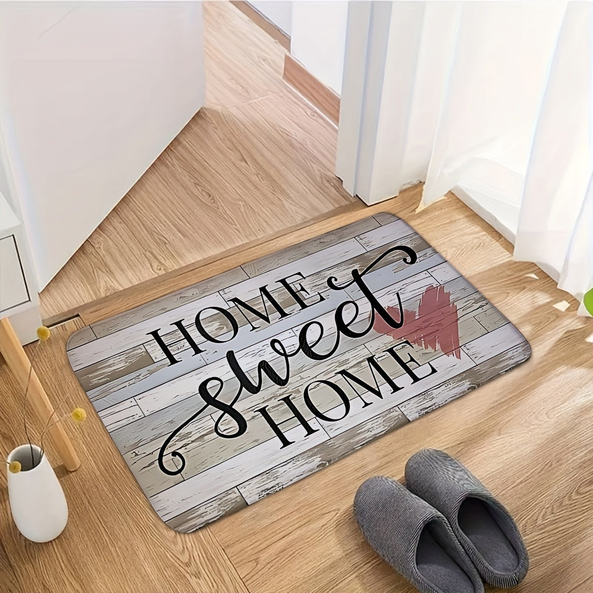 Wood Grain Retro Farm Love Home Sweet Home Letter Pattern Cute Cartoon Style Washable Non-slip Soft Thickened Flanders Foam Sponge Carpet Door Mat for Indoor Home Bathroom Entrance Floor.