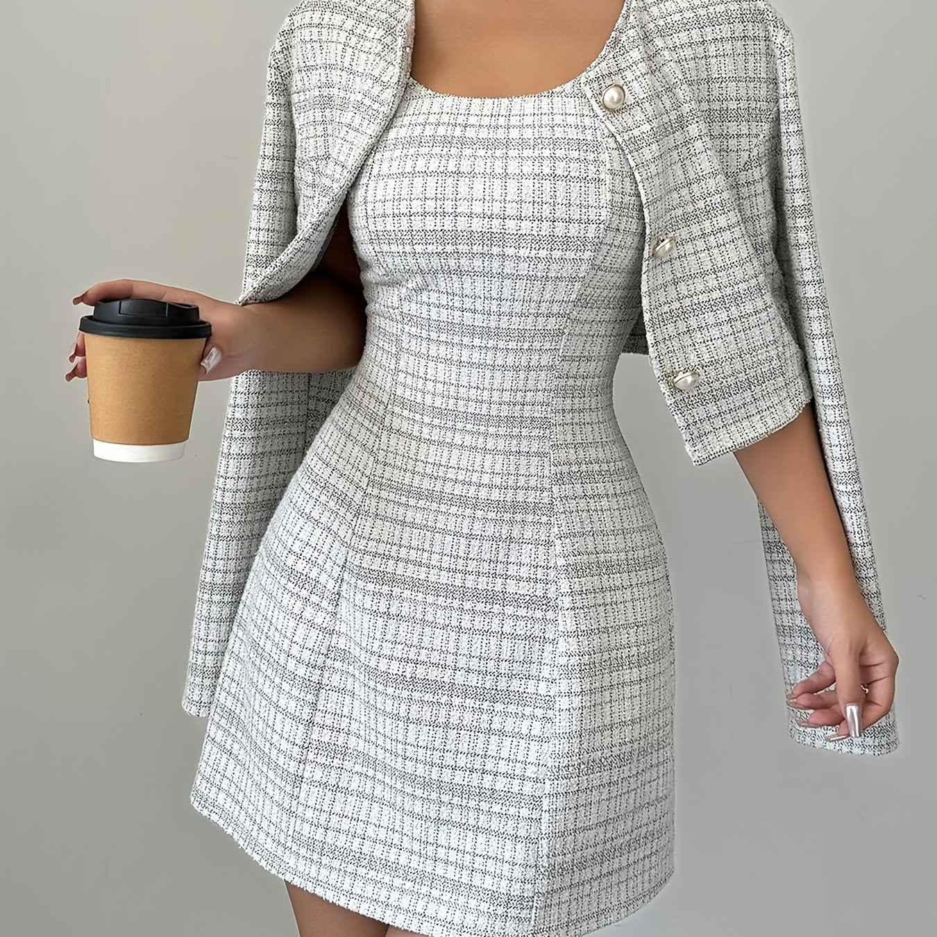 Women's elegant plaid dress suit with A-line mini dress and buttoned jacket, made of polyester. Crew neck, woven fabric, suitable for all seasons.