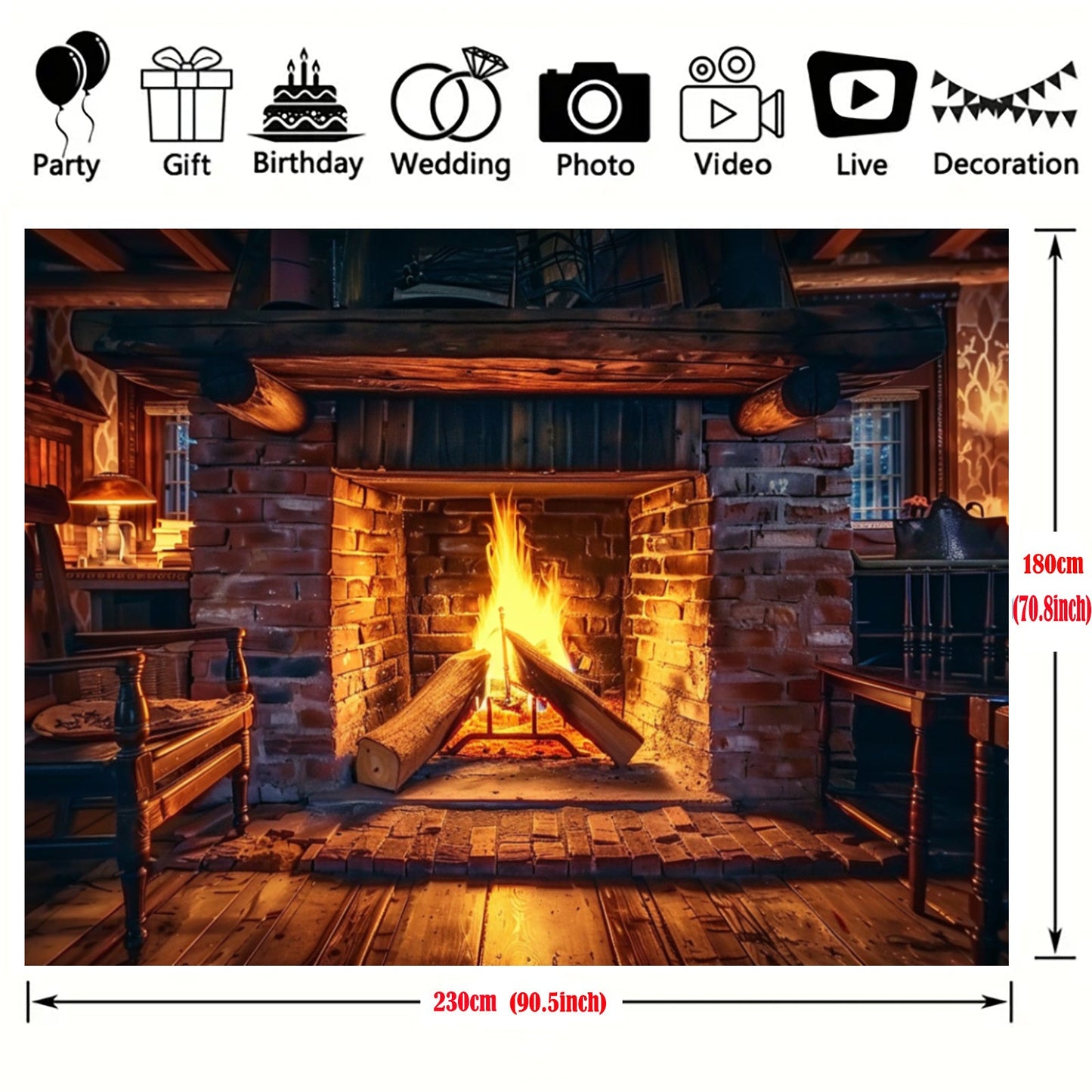 Realistic Fireplace Polyester Backdrop with Burning Wood Design - Available in Multiple Sizes (small: 99.06cm x 149.86cm, large: 179.83cm x 229.87cm) - Perfect for Winter Celebrations, Family Get-Togethers, Outdoor Events, and Multi-functional Use for