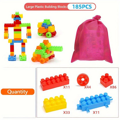 This plastic construction toy set is perfect for promoting creative thinking and early learning. With either 185pcs or 135pcs, these building blocks are an ideal gift for Halloween, Thanksgiving, or Christmas.