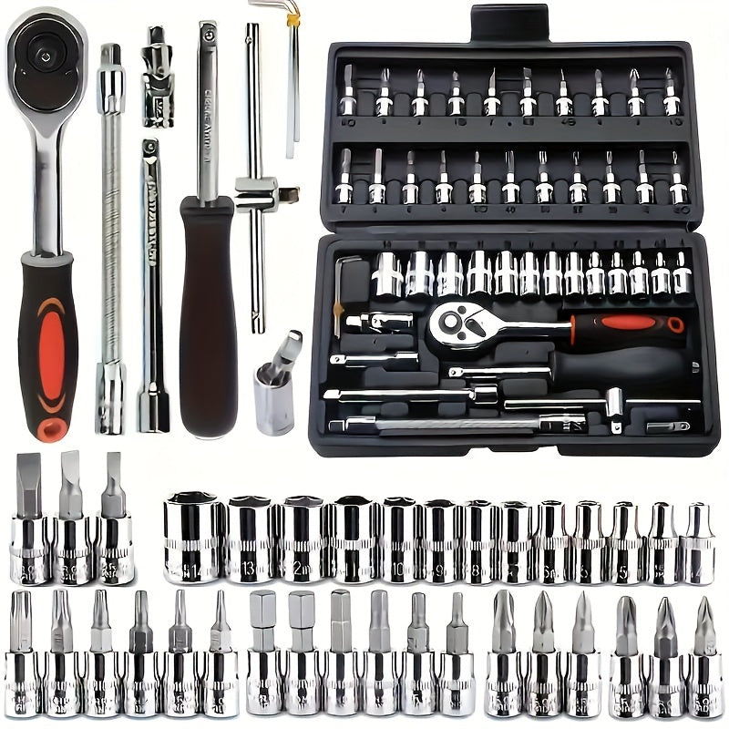 NewShark 46-Piece Socket Set with Quick-Release Ratchet - Carbon Steel Tool Kit for Auto Repairs, Includes Screwdriver Bits, Hex Keys, Extension Bar & Storage Case