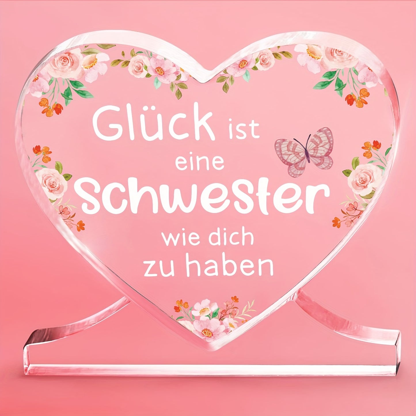 Heart shaped acrylic plaque decoration, personalized German gift for sister, suitable for office or bedroom, ideal for Thanksgiving, Christmas, or birthday.