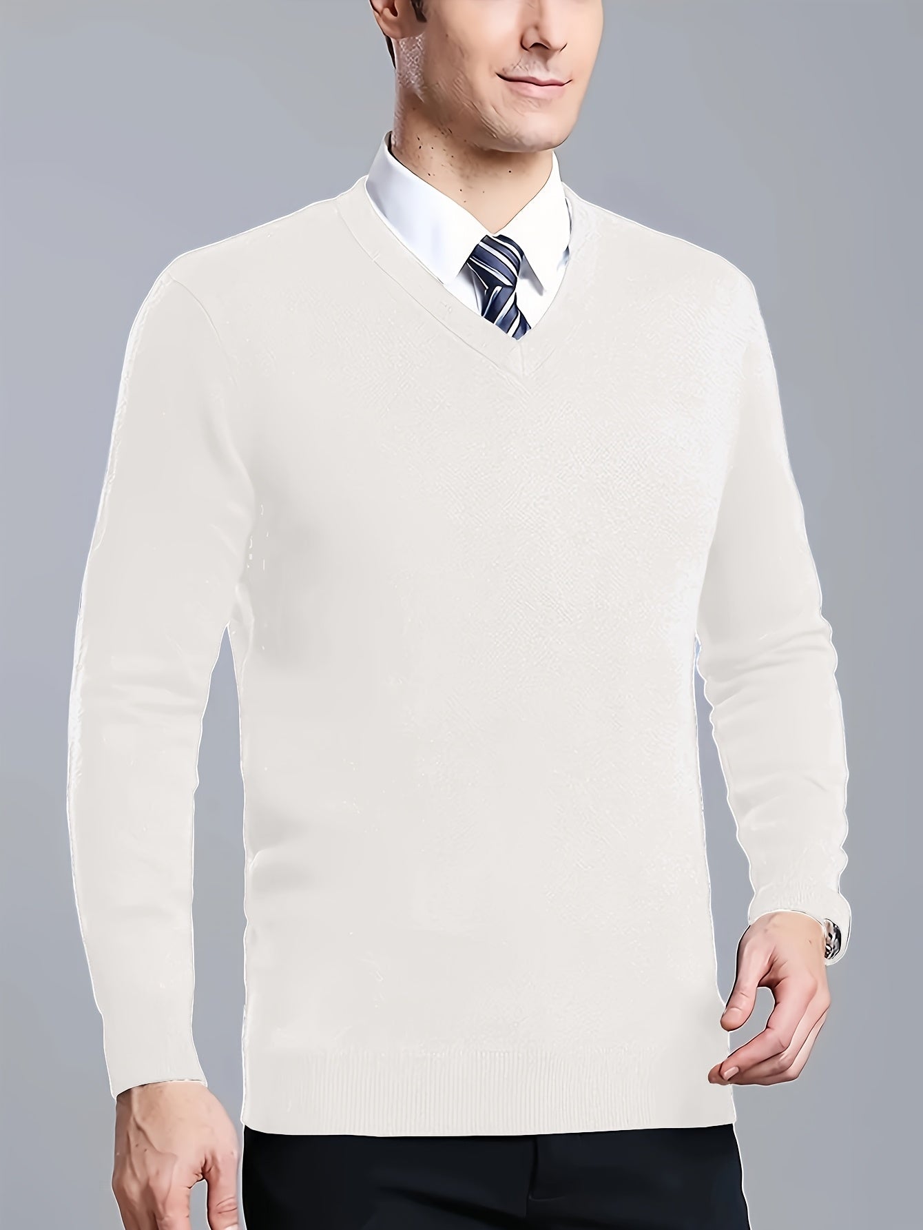 Men's V-Neck Knit Sweater for 2024 Autumn/Winter with solid color design and regular fit. Made from Polyester 25%, Viscose 50%, Nylon 25%.