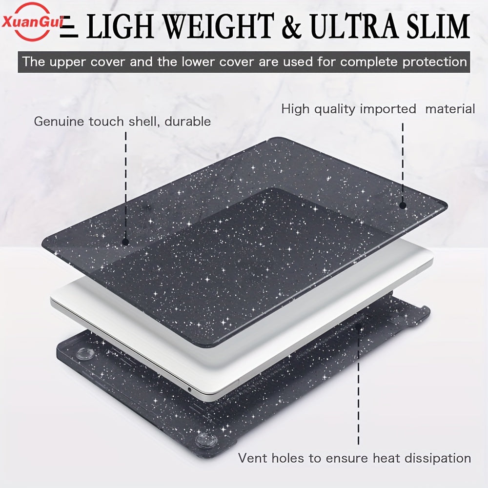 Glitter star protective case for various MacBook models, waterproof hard shell with non-slip foot pad, scratch and dust resistant.