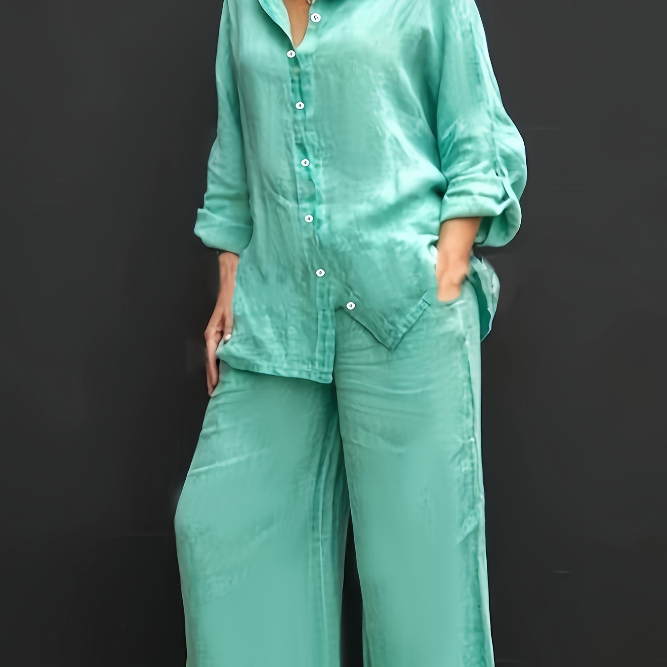 Women's casual two-piece set: solid color button-up shirt and wide-leg pants. Made of machine washable, stretch polyester blend.